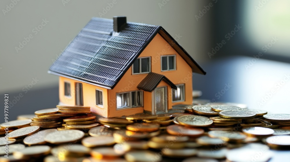 Model house on a pile of coins, concept of investment and real estate growth Model house on a pile of coins, concept of investment and real estate growth