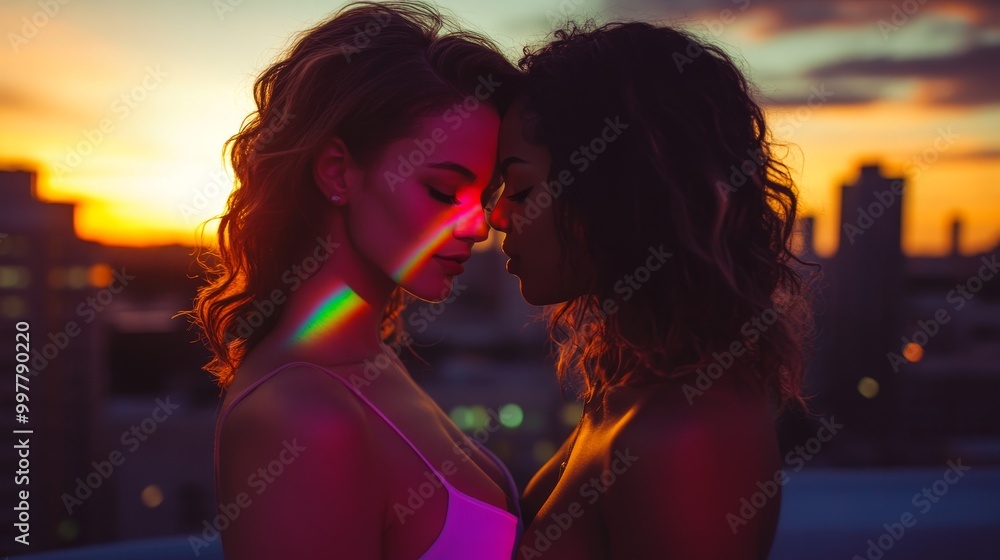 Serene Sunset Embrace: Two Women Embracing on City Rooftop with Rainbow Lights and Skyline Backdrop Serene Sunset Embrace: Two Women Embracing on City Rooftop with Rainbow Lights and Skyline Backdrop