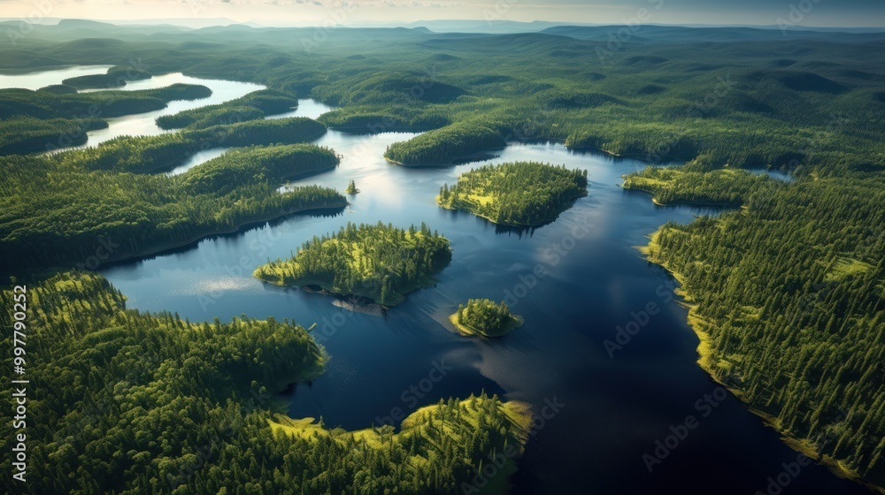 Aerial View of a Serene Forest Landscape with Interconnected Lakes Aerial View of a Serene Forest Landscape with Interconnected Lakes