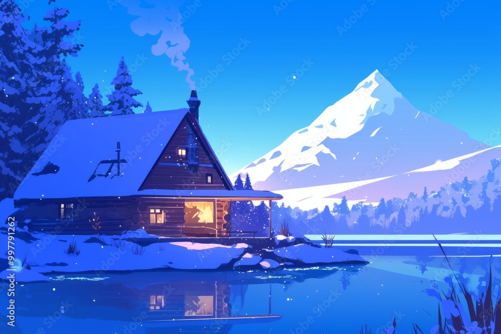 Fototapeta premium Peaceful Lakeside Cabin with Smoke Rising from the Chimney and Snow Gently Falling, Generative AI