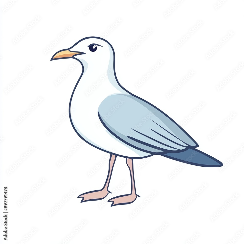 Obraz premium illustration features a minimalist seagull, drawn in soft pastel colors, standing against a clean white background, ideal for various creative projects