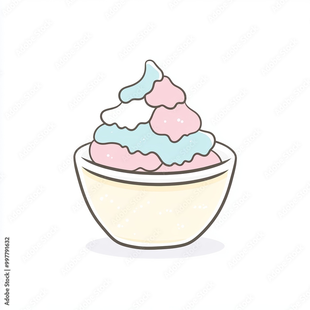 A bowl filled with shaved ice, displaying soft pastel colors of blue, pink, and white, beautifully illustrated in a minimalist line art style on a plain background A bowl filled with shaved ice, displaying soft pastel colors of blue, pink, and white, beautifully illustrated in a minimalist line art style on a plain background
