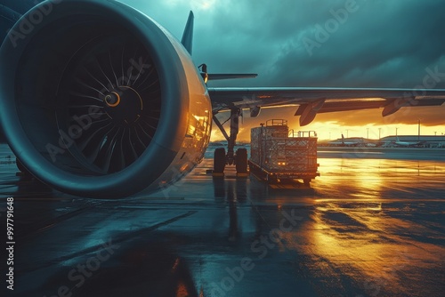 Close-up of a Jet Engine While Cargo Is Being Loaded, Highlighting the Efficiency of Civil Aviation in Global Goods Transport with Copy Space