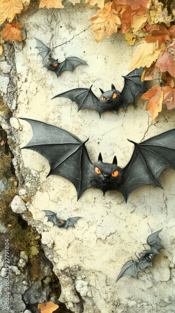 Naklejka premium Five bats on a wall with fall leaves