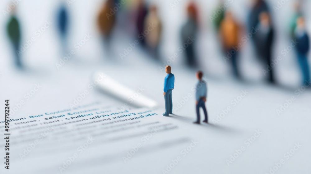 Silhouettes of a group of miniature people standing in line, with a team leader at the front, symbolizing teamwork and business success Silhouettes of a group of miniature people standing in line, with a team leader at the front, symbolizing teamwork and business success