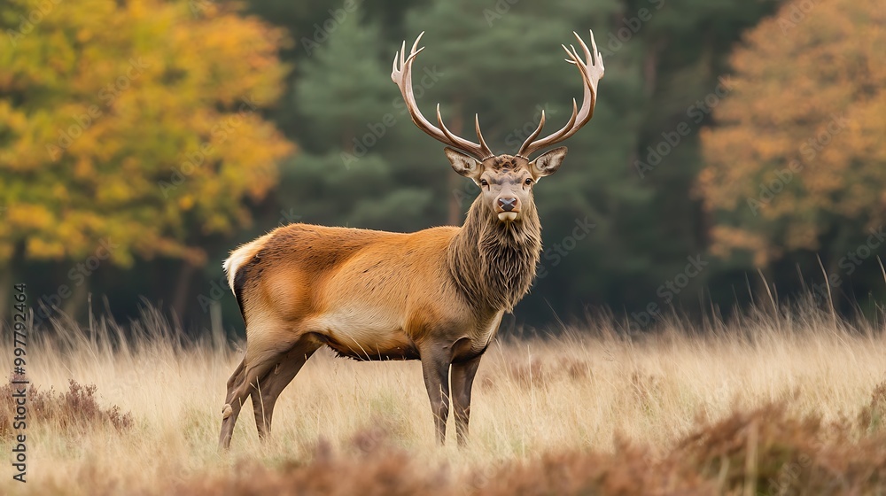 Majestic Red Deer Buck in Autumnal Forest Majestic Red Deer Buck in Autumnal Forest