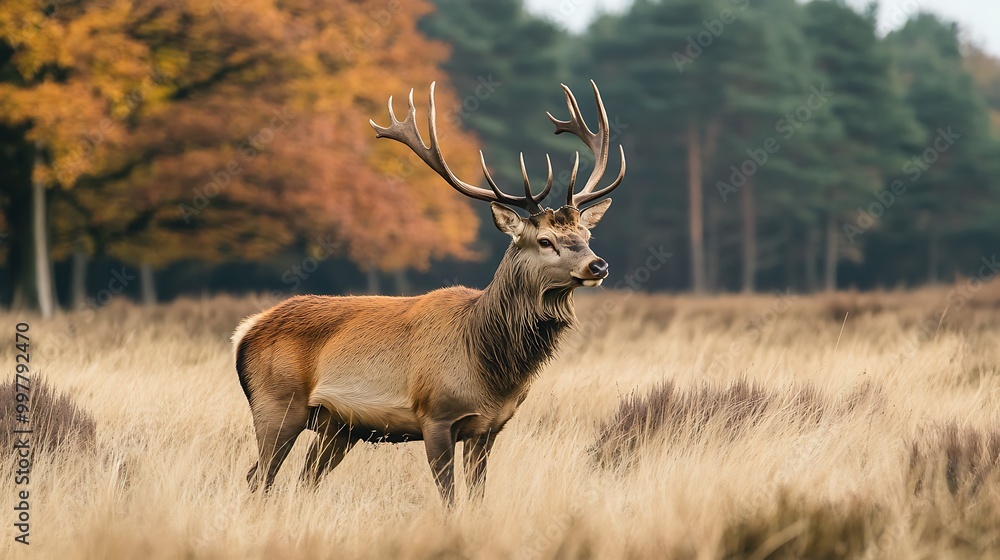 Majestic Red Deer Buck in Autumnal Forest Majestic Red Deer Buck in Autumnal Forest
