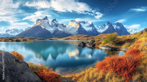 Serene Mountain Lake with Snow-Capped Peaks and Autumn Foliage