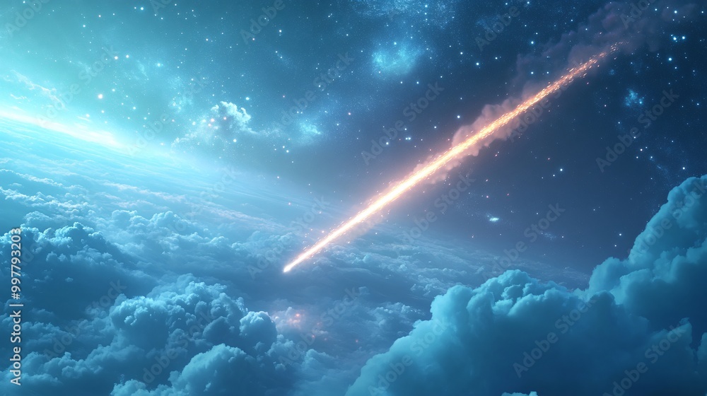 A fiery meteor streaks through the night sky, leaving a trail of light and smoke. A fiery meteor streaks through the night sky, leaving a trail of light and smoke.