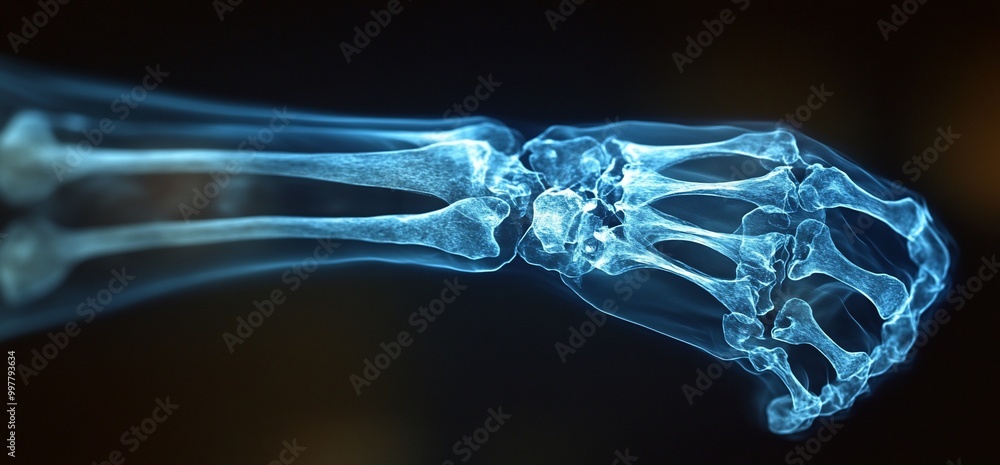 A translucent, blue-hued x-ray image of a human arm and hand with the fingers curled into a fist. A translucent, blue-hued x-ray image of a human arm and hand with the fingers curled into a fist.