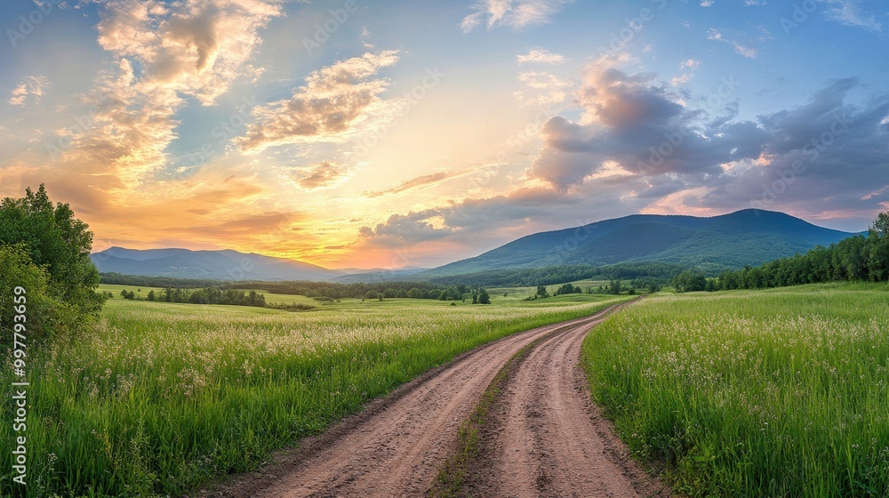 Winding Dirt Road Through Green Field and Mountains at Sunset Winding Dirt Road Through Green Field and Mountains at Sunset