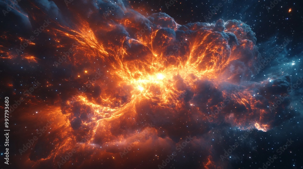 A fiery nebula with bright orange clouds of gas and dust, and a bright white star at the center. A fiery nebula with bright orange clouds of gas and dust, and a bright white star at the center.