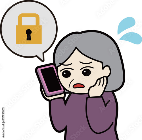 スマホ通話するセキュリティが不安なシニア女性のイラスト