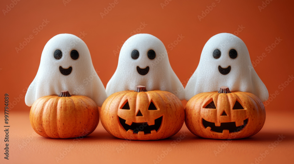 Three friendly ghosts sitting on jack-o'-lanterns. Three friendly ghosts sitting on jack-o'-lanterns.