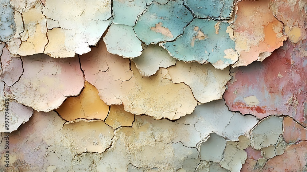 Obraz premium Colorful, peeling paint texture with layered surfaces.
