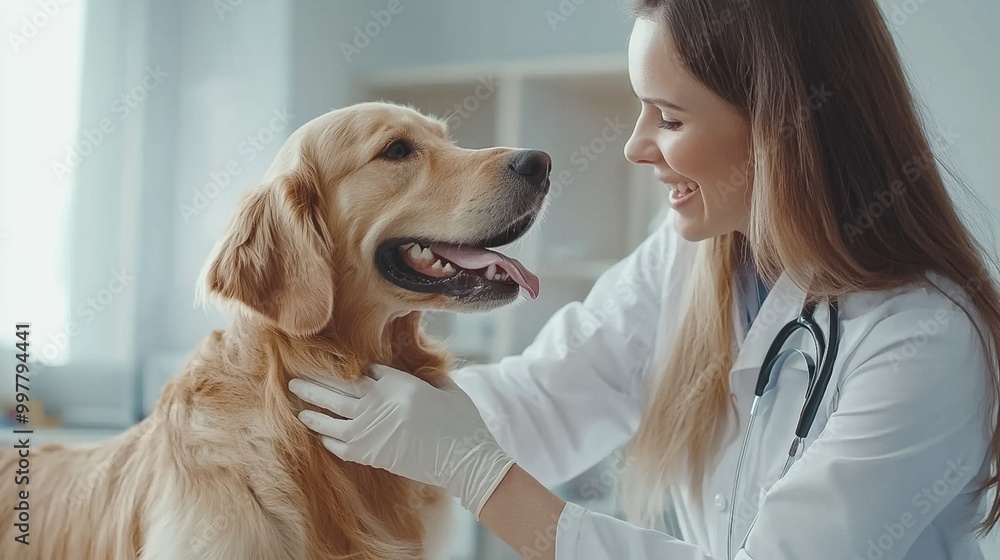 Smiling female veterinarian in white coat closely examining a friendly happy Golden Retriever dog during a routine checkup or treatment in a veterinary clinic or hospital setting Smiling female veterinarian in white coat closely examining a friendly happy Golden Retriever dog during a routine checkup or treatment in a veterinary clinic or hospital setting