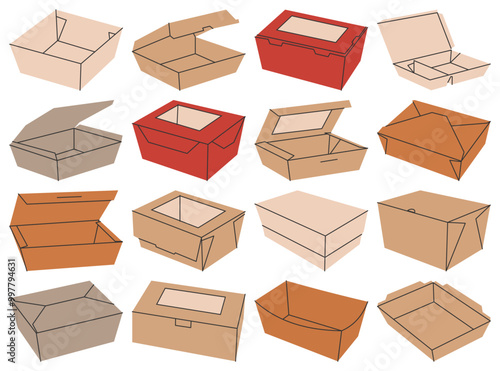 Set of simple paper food containers vector, paper takeaway food packaging flat vector illustration isolated on a white background