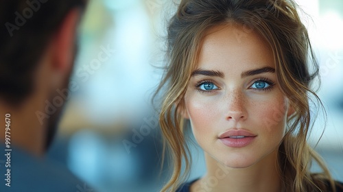 A woman with blue eyes looks directly at the camera, while a man is out of focus in the background.