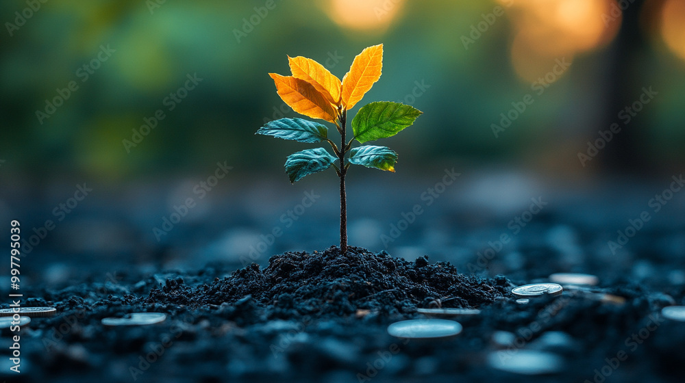 small tree sprouts from a pile of coins, symbolizing sustainability, financial growth, and environmental consciousness. The image highlights the connection between nature and economic prosperity small tree sprouts from a pile of coins, symbolizing sustainability, financial growth, and environmental consciousness. The image highlights the connection between nature and economic prosperity