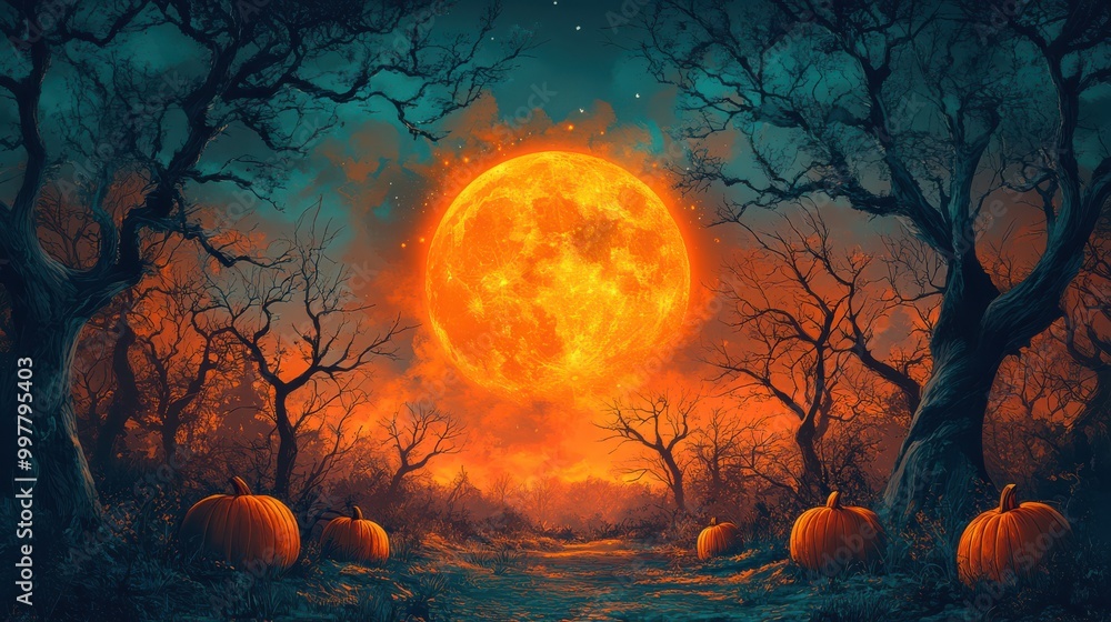 Halloween Background with Pumpkins and Full Moon Halloween Background with Pumpkins and Full Moon