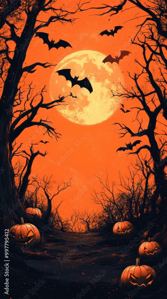 Halloween night with pumpkins and full moon Halloween night with pumpkins and full moon