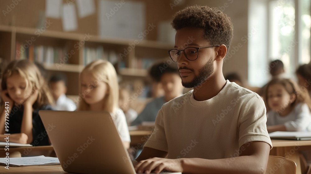 Fototapeta premium Group of students studying and collaborating together in a modern university classroom environment using laptops and other learning materials
