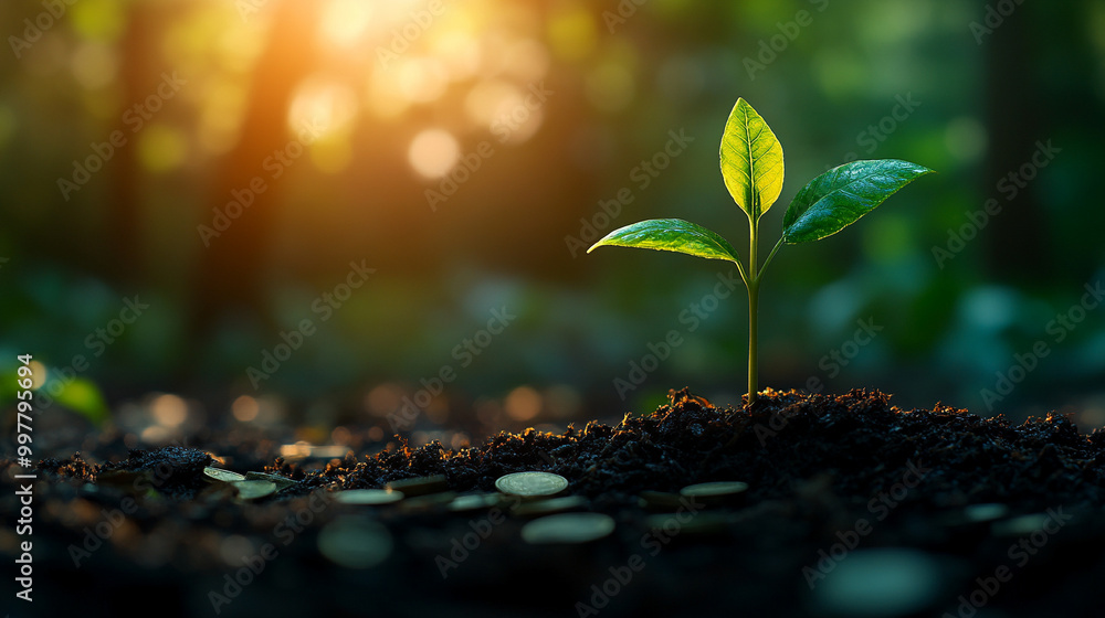 small tree sprouts from a pile of coins, symbolizing sustainability, financial growth, and environmental consciousness. The image highlights the connection between nature and economic prosperity small tree sprouts from a pile of coins, symbolizing sustainability, financial growth, and environmental consciousness. The image highlights the connection between nature and economic prosperity