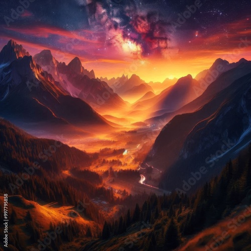 A magical mountain valley bathed in the golden glow of twilight