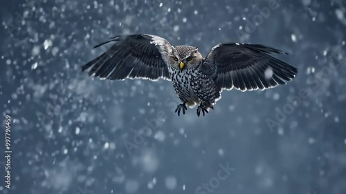 An owl spreads its wings mid-flight through a snowy winter scene, navigating through falling snow with intense focus.
 photo