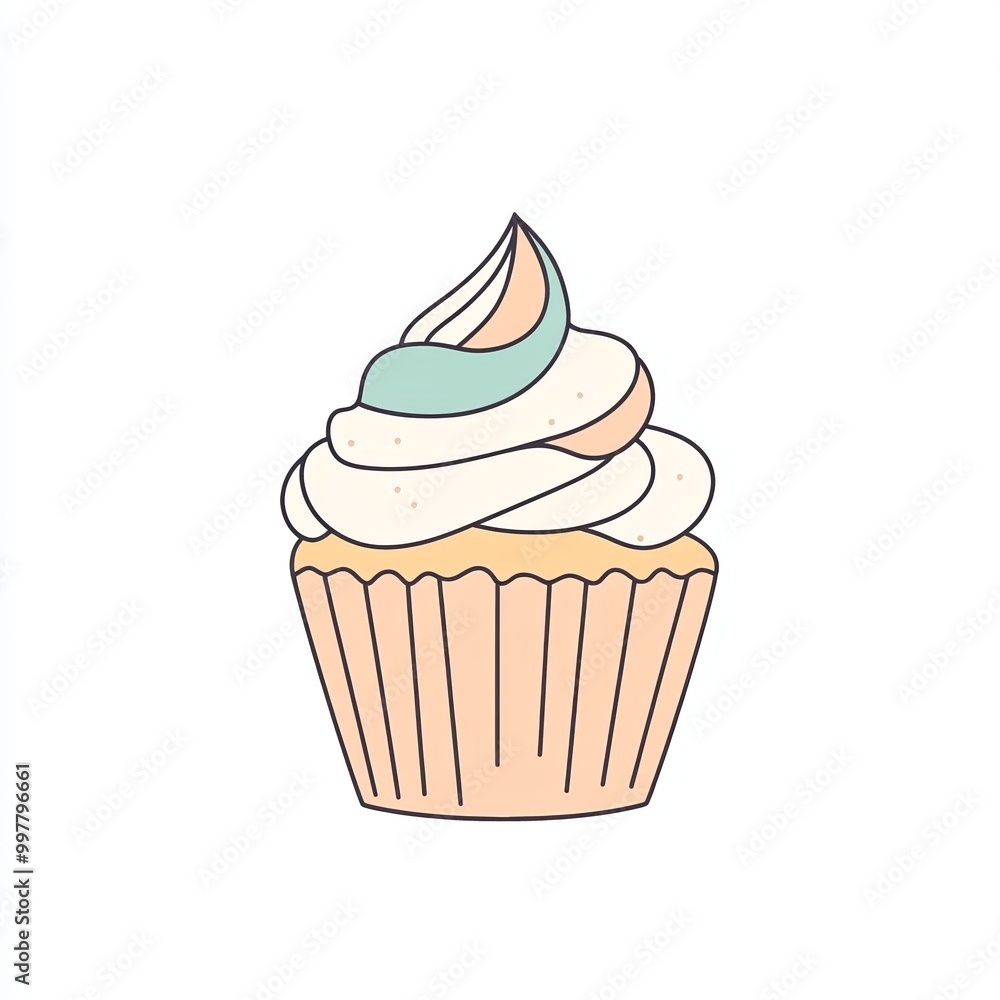 artwork features a minimalist line drawing of a vegan cupcake with swirls of pastel frosting on top, set against a clean white background