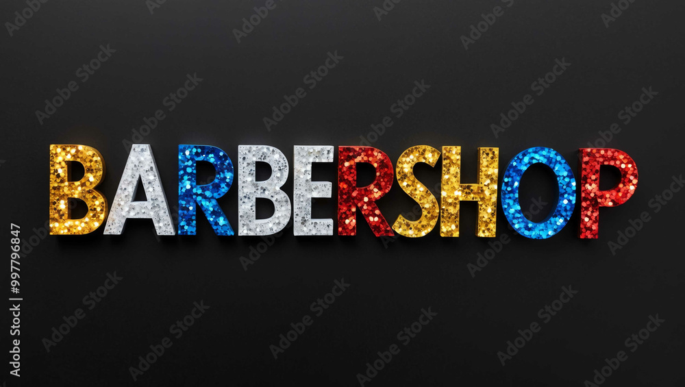 Obraz premium Barbershop word lettering made of colorful glitter shining effect on plain black background