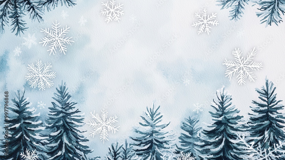 A serene winter landscape showcasing snowflakes drifting over a forest of evergreen trees against a soft blue sky. A serene winter landscape showcasing snowflakes drifting over a forest of evergreen trees against a soft blue sky.