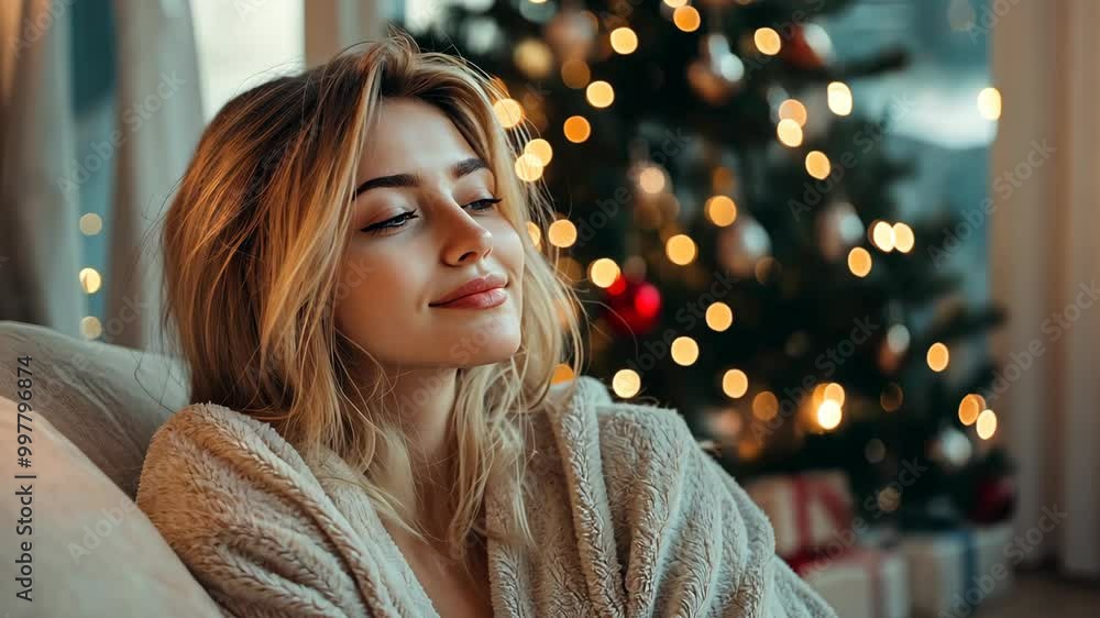 A woman sits in a cozy room, wrapped in a soft blanket, enjoying the glow of a Christmas tree A woman sits in a cozy room, wrapped in a soft blanket, enjoying the glow of a Christmas tree