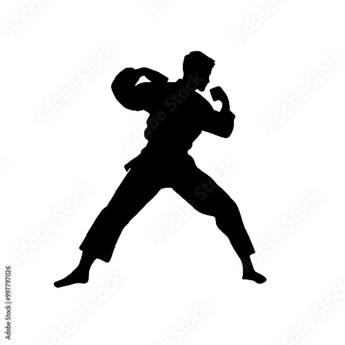 Karate Kid in Fighting Position Silhouette – Vector Art Isolated on White