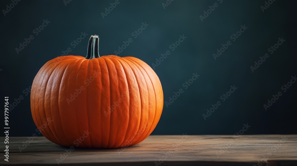 A Single Orange Pumpkin on a Rustic Wooden Table Against a Dark Teal Background A Single Orange Pumpkin on a Rustic Wooden Table Against a Dark Teal Background