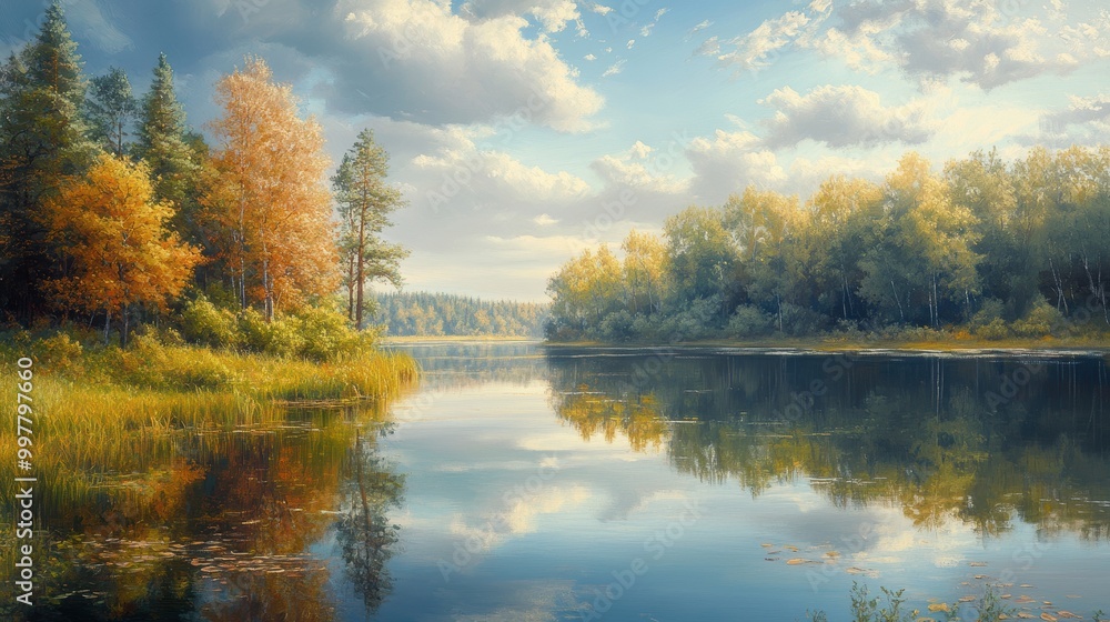 Serene Autumn Landscape with Reflections on Water Serene Autumn Landscape with Reflections on Water