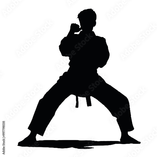 Young Karate Boy in Fighting Pose Silhouette – Vector Design Isolated on White