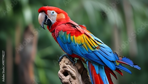 Vibrant parrot showcasing stunning red and blue tail feathers