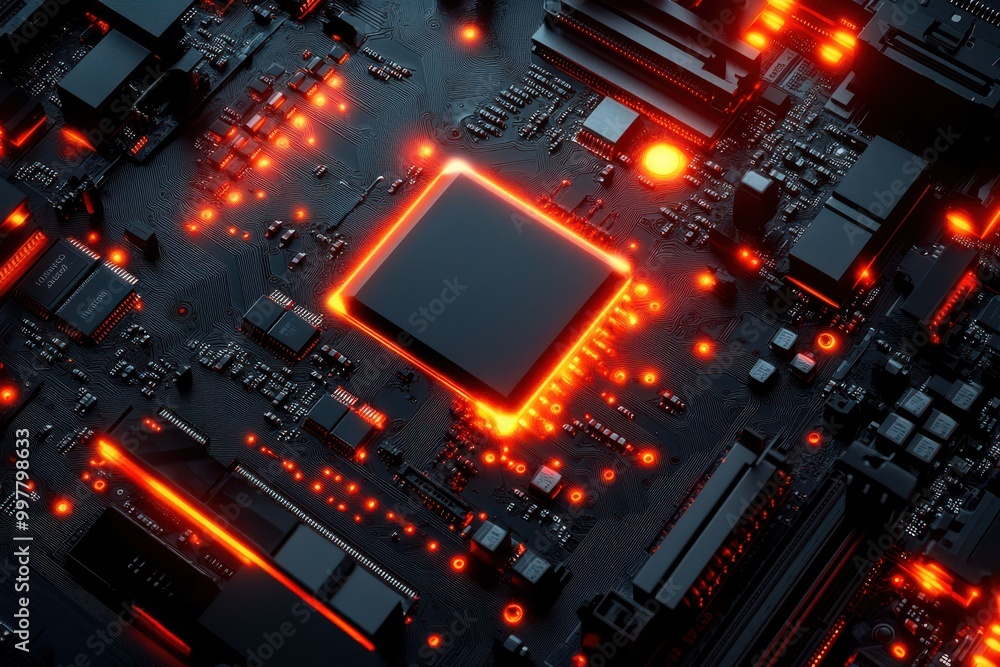 Flat Tech Artwork with Motherboards and Wires Flat Tech Artwork with Motherboards and Wires