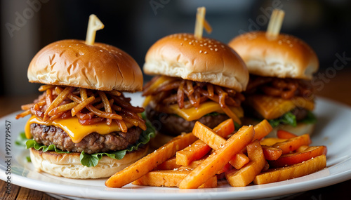 Gourmet Mini Burgers with Sweet Potato Fries – Close-Up Food Photography, Freshly Cooked Meal, Delicious Sandwich Platter, Premium Stock Image for Food Industry, Restaurant Menu Design, High-Quality photo