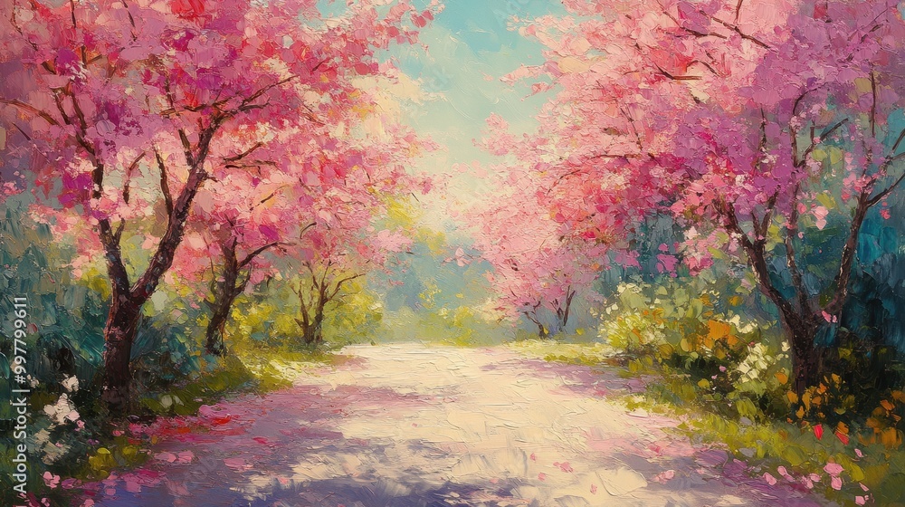 Serene Pathway with Cherry Blossom Trees in Spring Serene Pathway with Cherry Blossom Trees in Spring