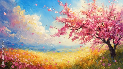 Spring Blossom Tree in Colorful Landscape