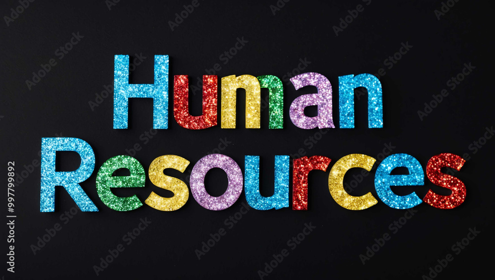 Fototapeta premium human resources word lettering made of colorful glitter shining effect on plain black background
