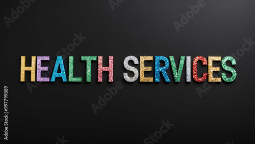 Health Services word lettering made of colorful glitter shining effect on plain black background