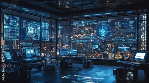 Cybersecurity Operations Center with Night City View