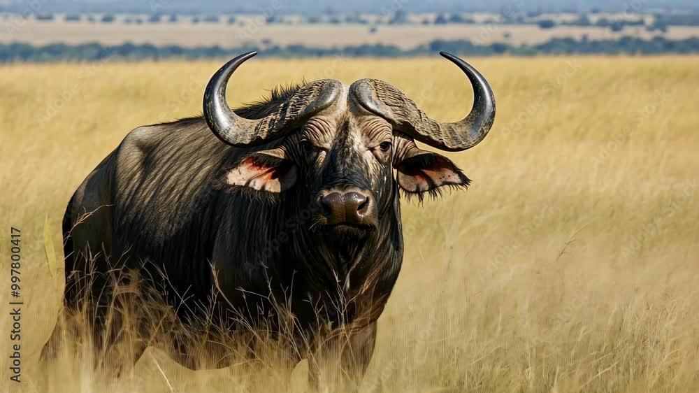 A large African buffalo stands in tall grass, its horns curved and impressive A large African buffalo stands in tall grass, its horns curved and impressive