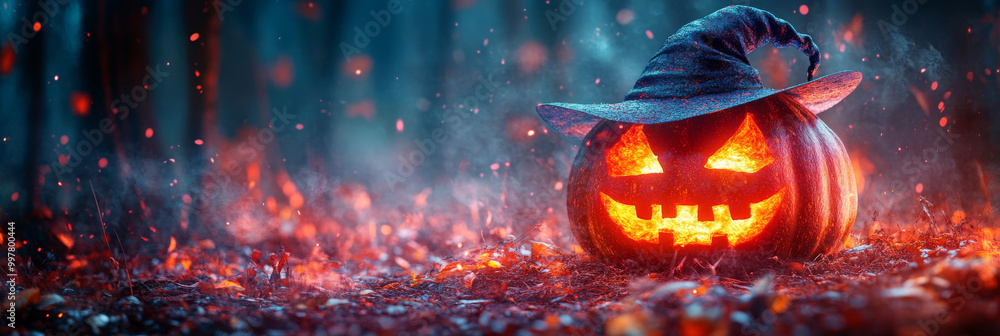 A glowing jack-o'-lantern with a witch's hat sits in a spooky forest. A glowing jack-o'-lantern with a witch's hat sits in a spooky forest.