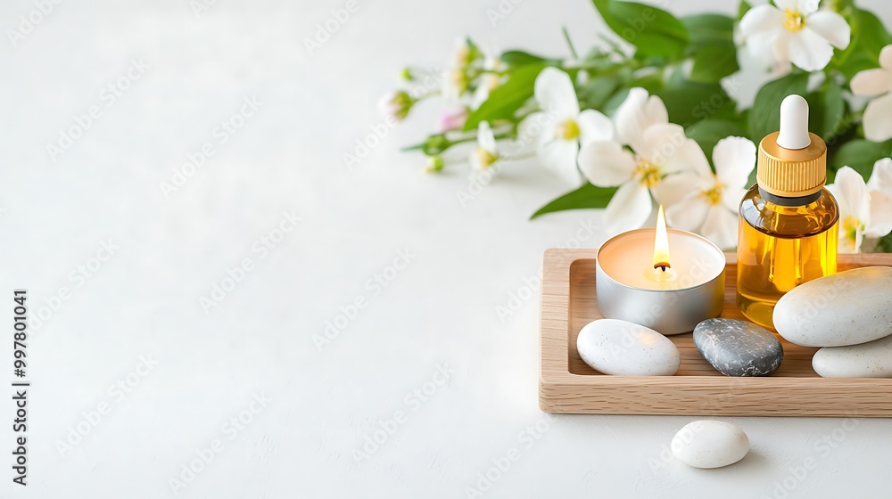 Close-up of spa stones, essential oils, and a burning candle on a wooden tray, surrounded by fresh flowers, perfect for wellness spa treatments advertisement with copy space, high-end magazine Close-up of spa stones, essential oils, and a burning candle on a wooden tray, surrounded by fresh flowers, perfect for wellness spa treatments advertisement with copy space, high-end magazine