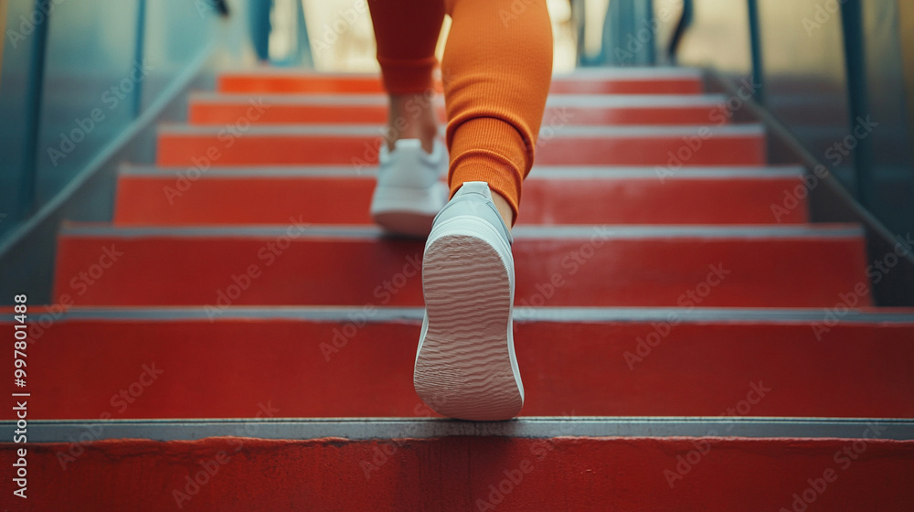 Fototapeta premium young woman confidently walks up a set of stairs in a casual yet sporty outfit, symbolizing progress, determination, and growth on a personal or professional journey