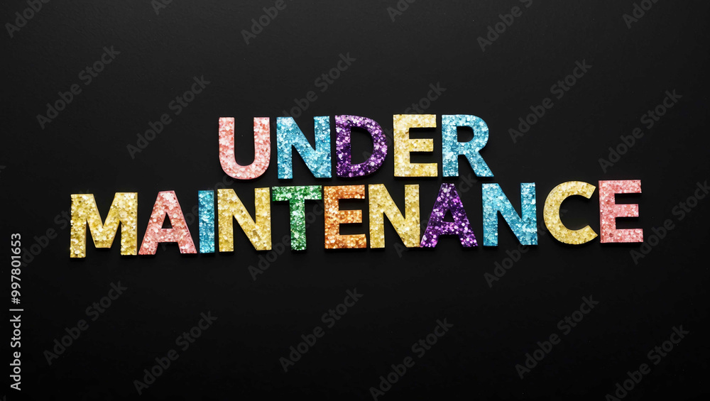 Obraz premium under maintenance word lettering made of colorful glitter shining effect on plain black background